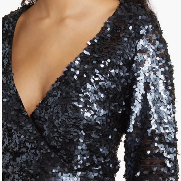 French Connection Bisma Sequin Long Sleeve Faux Wrap Cocktail Dress sz 12 NWT - Picture 4 of 15